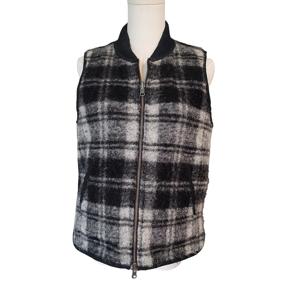 Madewell Plaid Wool Blend Bomber Vest Gray‎ Black Zip Front Quilted Lined Size S